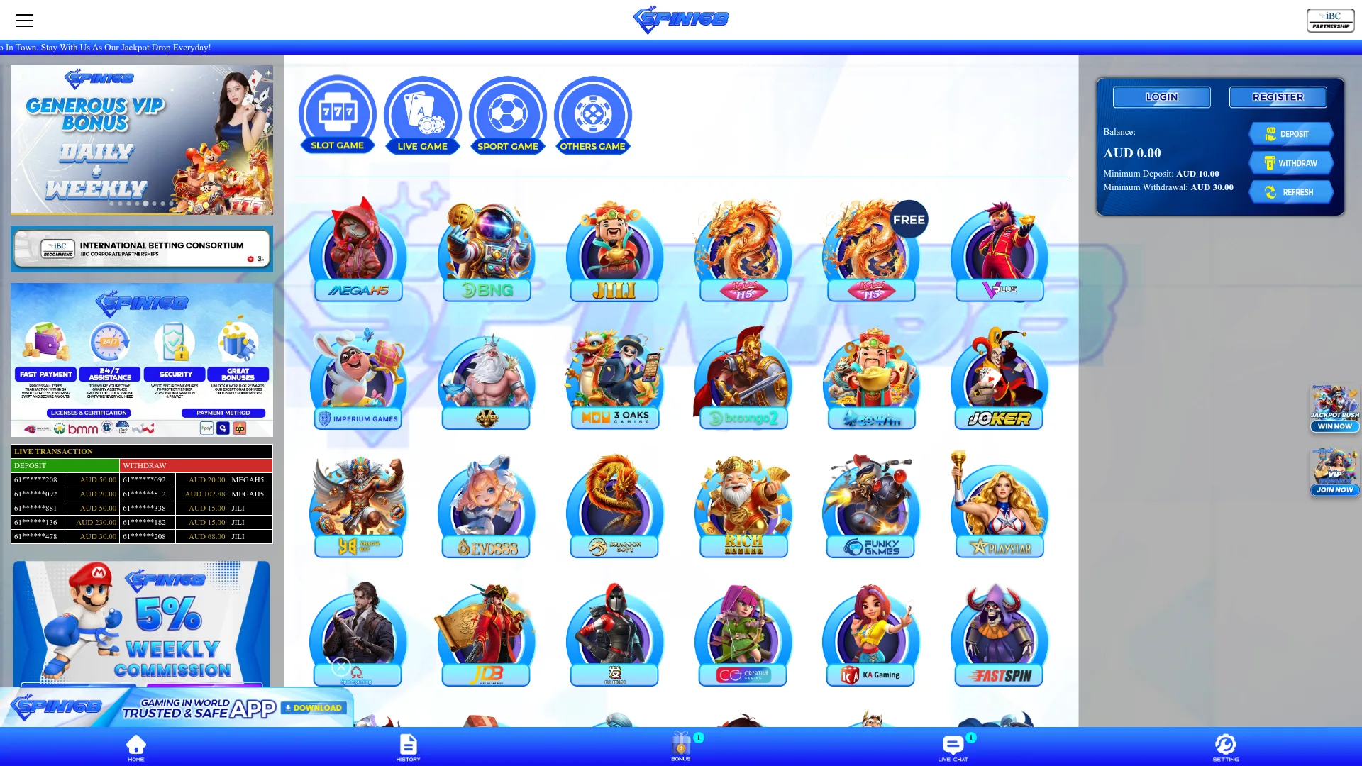 Spin168 Casino desktop interface for Australian players